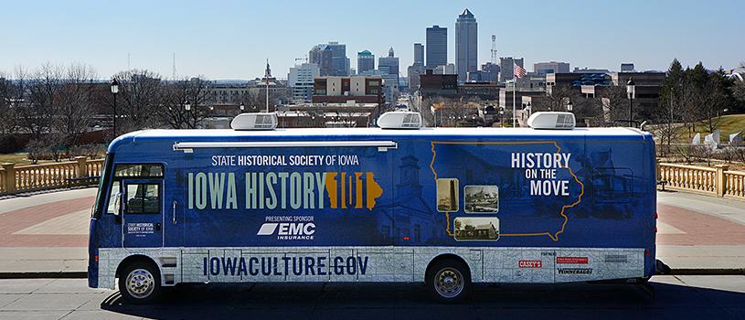 Des Moines skyline with Mobile Museum Winnebago in front