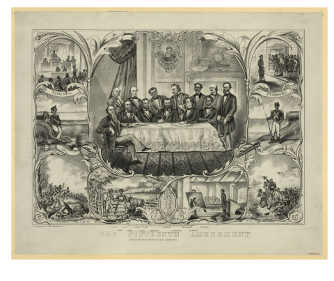 This political cartoon from 1871 shows President Grant signing the 15th Amendment surrounded by civil rights leaders of the day.