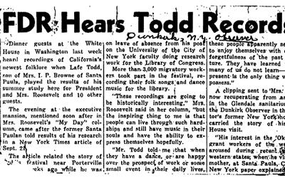 "FDR Hears Todd Records" Newspaper Article