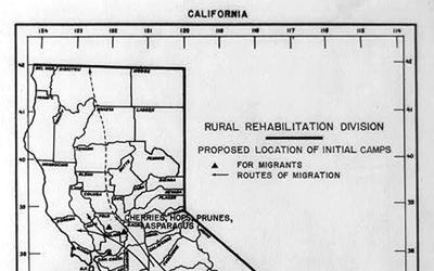 The map was designed to assist Dust Bowl families in relocating to migrant camps in California. 