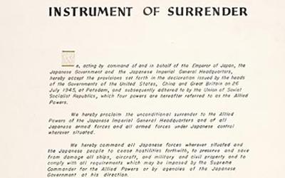 Document outlining the surrender of Japan.