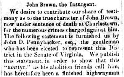 Article with the testimony of a Mr. Pennybaker about John Brown