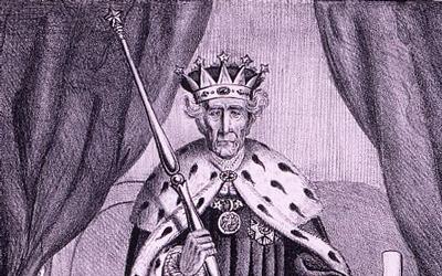 The political cartoon “King Andrew The First” depicts President Andrew Jackson as royalty, wearing the crown and robe of a monarch, holding a scepter and the veto power while stepping on the tattered Constitution and two bills proposed by Congress.