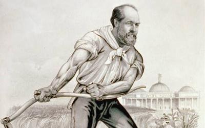 James Garfield, who was running for Republican nominee for president, is depicted in the cartoon as a farmer in a wheat field. 