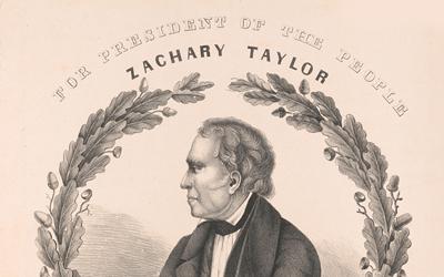 A print of a campaign banner for Whig presidential candidate Zachary Taylor