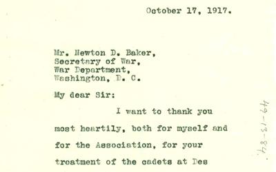 A letter from WEB DuBois thanking Secretary Baker for his treatment of the cadets at Camp Des Moines and the way he has carried out his plans concerning colored soldiers.