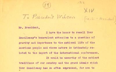 A 1918 letter from WEB DuBois to President Wilson that discusses the “race problem” that continues to exist in the United States as well as abroad after the events of World War 1.