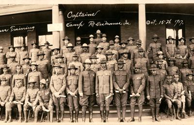 1917 photo taken by Hebard Showers of 102 soldiers, mostly African American officers, at Fort Des Moines in Des Moines, Iowa. 