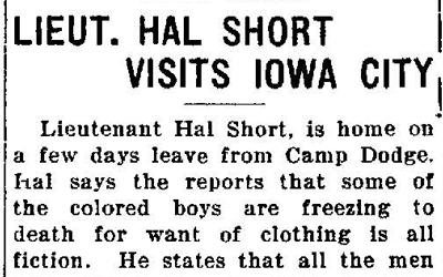 Short newspaper article detailing Lieutenant Hal Short’s experiences while training at Camp Dodge during his visit to Iowa City in 1917.