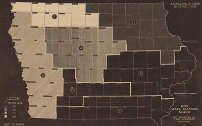 Political map of Iowa showing all 99 counties divided up into districts.  Each region is numbered and shaded according to the average farm size, measured in acres, from 1928-1932.