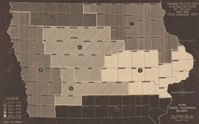 Political map of Iowa showing all 99 counties divided up into regions.  Each region is numbered and shaded according to the average corn yield from 1928-1932.
