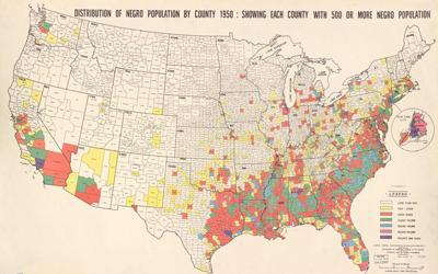 A statistical atlas by Samuel Fitzsimmons shows the distribution of of the "Negro population" by each county in 1950. The counties used in the map had a black population of 500 or more residents.