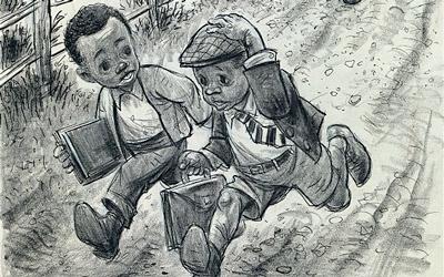 Cartoon shows two African-American boys dressed for school running from a crowd of angry people.