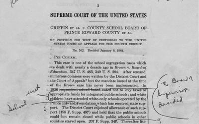 The handwritten draft ruling by Justice William O. Douglas indicating his frustration with delays in school integration. 