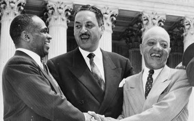 George E.C. Hayes, Thurgood Marshall and James M. Nabrit, congratulating each other, following the Supreme Court decision declaring segregation unconstitutional.