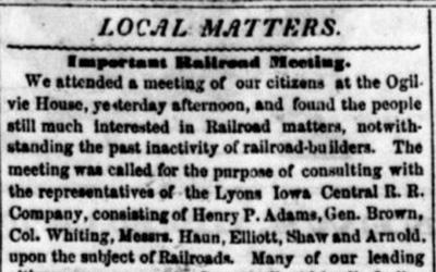 "Local Matters - Important Railroad Meeting" Newspaper Article, February 24, 1854