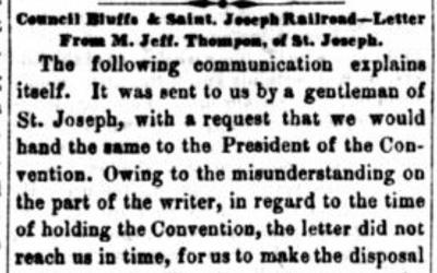 "Council Bluffs & Saint Joseph Railroad - Letter from M. Jeff Thompson, of St. Joseph," May 22, 1858