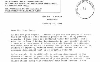 Letter written to the President of Burundi, Sylvestre Ntibantunganya, from President Bill Clinton.