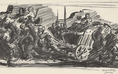 Reproduction of drawing shows European refugees pulling a large cart, bicycling and soldiers riding horses in one direction, as soldiers walk in the opposite direction.