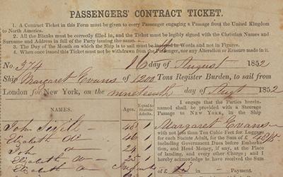 Passenger Contract Ticket for the John Sivell family and others who traveled to America from London aboard the ship “Margaret Evans" in 1852.