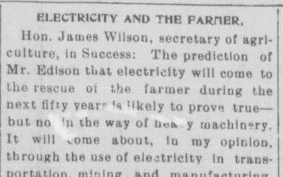 "Electricity and the Farm" Newspaper Article, February 28, 1901