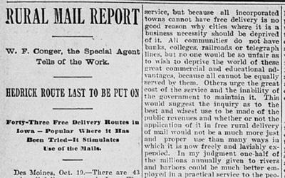 "Rural Mail Report" Newspaper Article, October 24, 1899