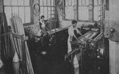 Two Women Working in a Factory Making Bedspring Webbing, 1969