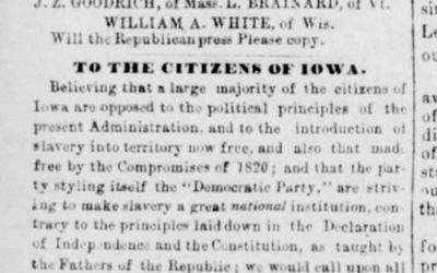 Governor James Grimes, a Whig, wrote this open letter in 1856 inviting people to help start the Republican party in Iowa.