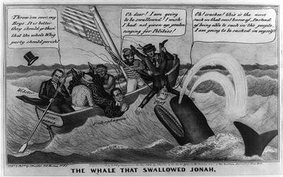 This 1844 political cartoon shows conflict within the Whig party over the issue of the National Bank.