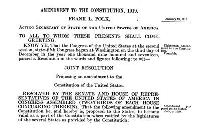 The 18th Amendment to the Constitution was ratified in 1919 and made the manufacture and sale of alcohol illegal in the United States.