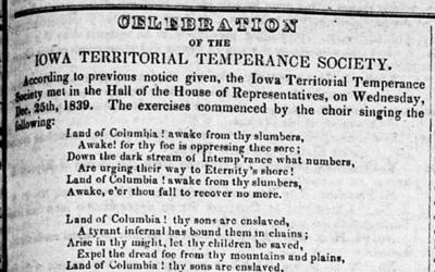 The Iowa Hawk-eye and Iowa Patriot published the minutes of the Iowa Territorial Temperance Society meeting early in 1840. 