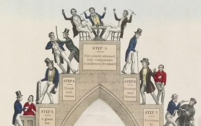 This political cartoon from 1846 showed the progress of an individual from taking one drink to a slide into alcoholism and ruin.