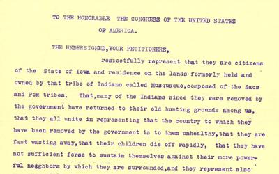 This petition was signed by the people of Marion County, Iowa asking that the Sac and Fox Indians be allowed to purchase land in Iowa.