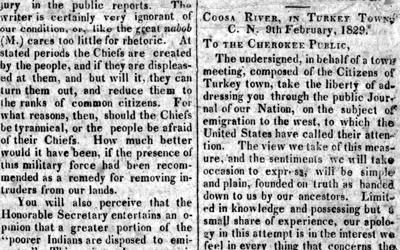 This article describing the Cherokee resistance to removal appeared in the Cherokee Phoenix.