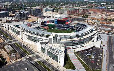 The stadium of the Washington Nationals baseball team is a multi-leveled structure that seats thousands of spectators at sporting events.