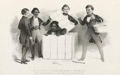 The illustration shows a somewhat comic yet sympathetic portrayal of the culminating episode in the flight of slave Henry "Box" Brown, "who escaped from Richmond Va. in a Box 3 feet long, 2-1/2 ft. deep and 2 ft. wide." 