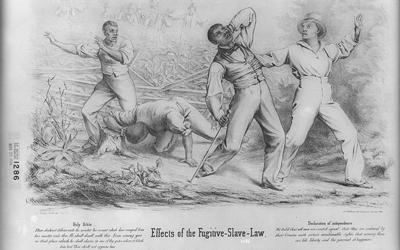 Illustration showing white fugitive slave catchers attacking and beating runaway slaves in a corn field. 