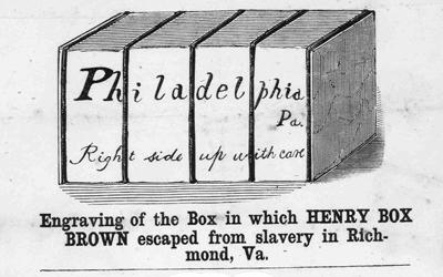 Image shows the engraving on the box that Henry Box Brown made and shipped himself to freedom in Virginia.