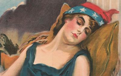 Poster showing a woman symbolizing America sleeping.  