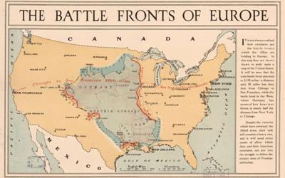 A map with the Europe transposed over a map of the United States.