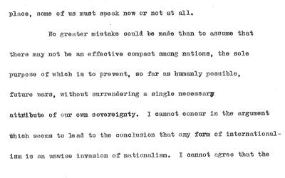 Transcript for a speech by Iowa Senator Albert B. Cummins regarding the League of Nations.  