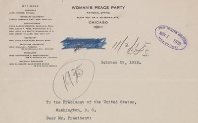 The source is a letter sent from Members of the Women’s Peace Party to President Wilson outlining the organization's stance of the United States involvement in world affairs. 