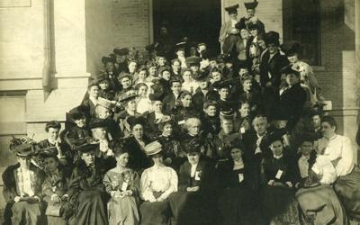 This is a picture taken in November 1905 of the approximately 60 attendees, all women, of the Iowa Equal Suffrage Convention held in Panora, Iowa.
