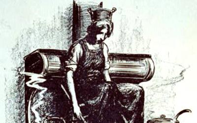 “Woman” is a cartoon published in Puck magazine on December 5, 1914 that portrays a woman sitting slumped over on a chair atop a stove, wearing a pot for a crown, holding a broom with pots and pans steaming around her. 