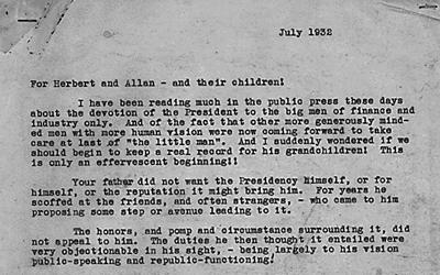 A letter written by President Hoover’s wife, Lou Henry, discussing his career in public service during his campaign in 1932.