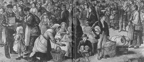 The Harper’s Weekly engraving depicts people of all social classes immigrating from Ireland in 1874, after the infamous potato famine.