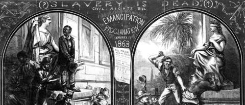 Two illustrations showing: Slave being sold as punishment for crime, before Emancipation Proclamation; and African-American being whipped as punishment for crime in 1866.