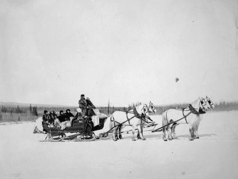 A team of horses pulls a U.S. Postal Service mail sled with postal carriers in Alaska. 