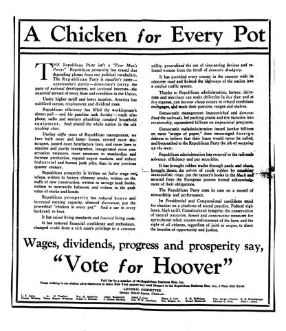 Political Ad for Herbert Hoover called "A Chicken for Every Pot"