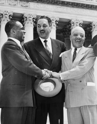 George E.C. Hayes, Thurgood Marshall and James M. Nabrit, congratulating each other, following the Supreme Court decision declaring segregation unconstitutional.
